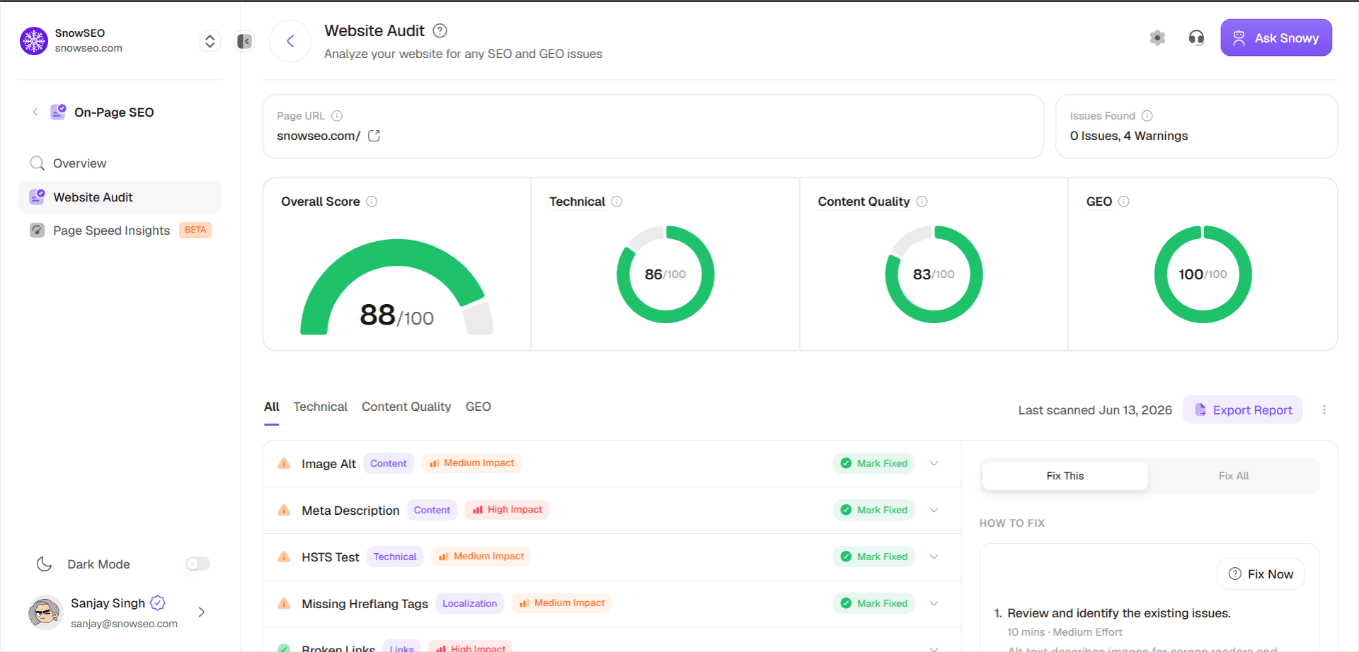 SnowSEO Audit Dashboard - Comprehensive SEO audit results with score, issues overview, and category performance